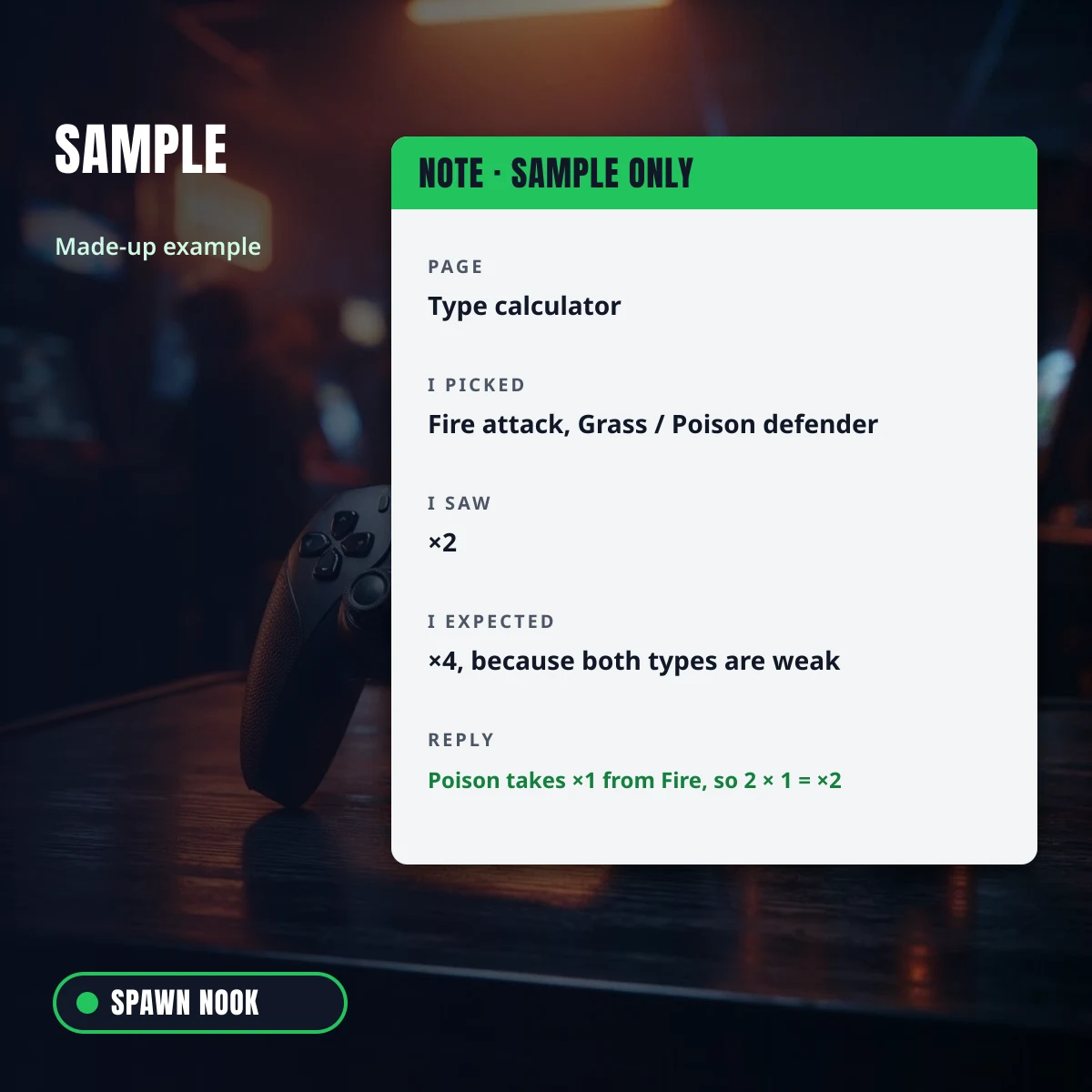 Sample report: Fire against Grass and Poison shows times two, and the reply that Poison takes times one from Fire