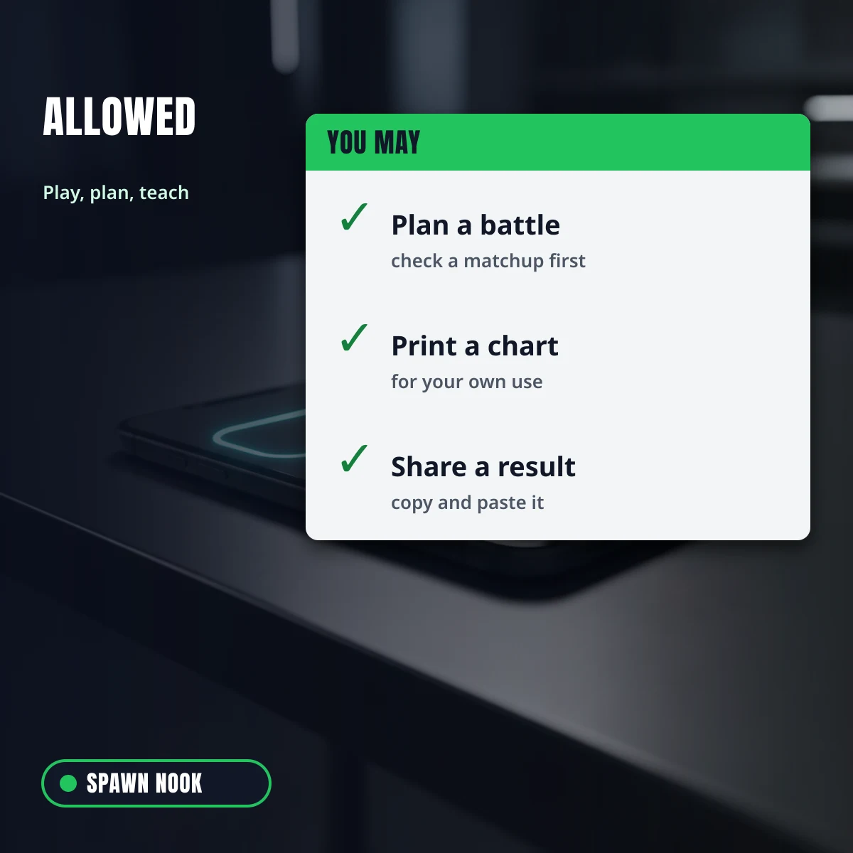 Allowed uses: plan a battle, print a chart and share a result