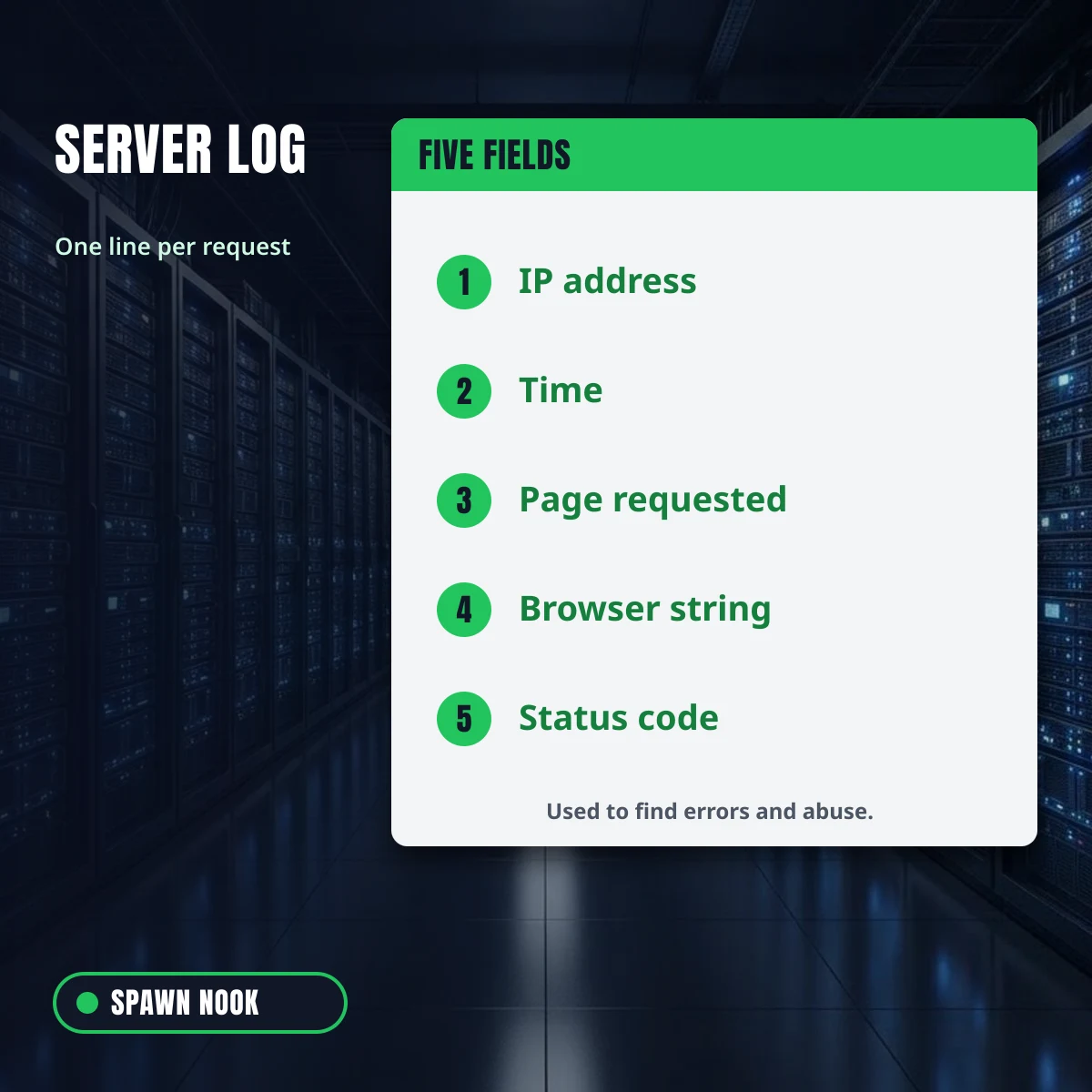 The five fields in a server log line: IP address, time, page requested, browser string and status code
