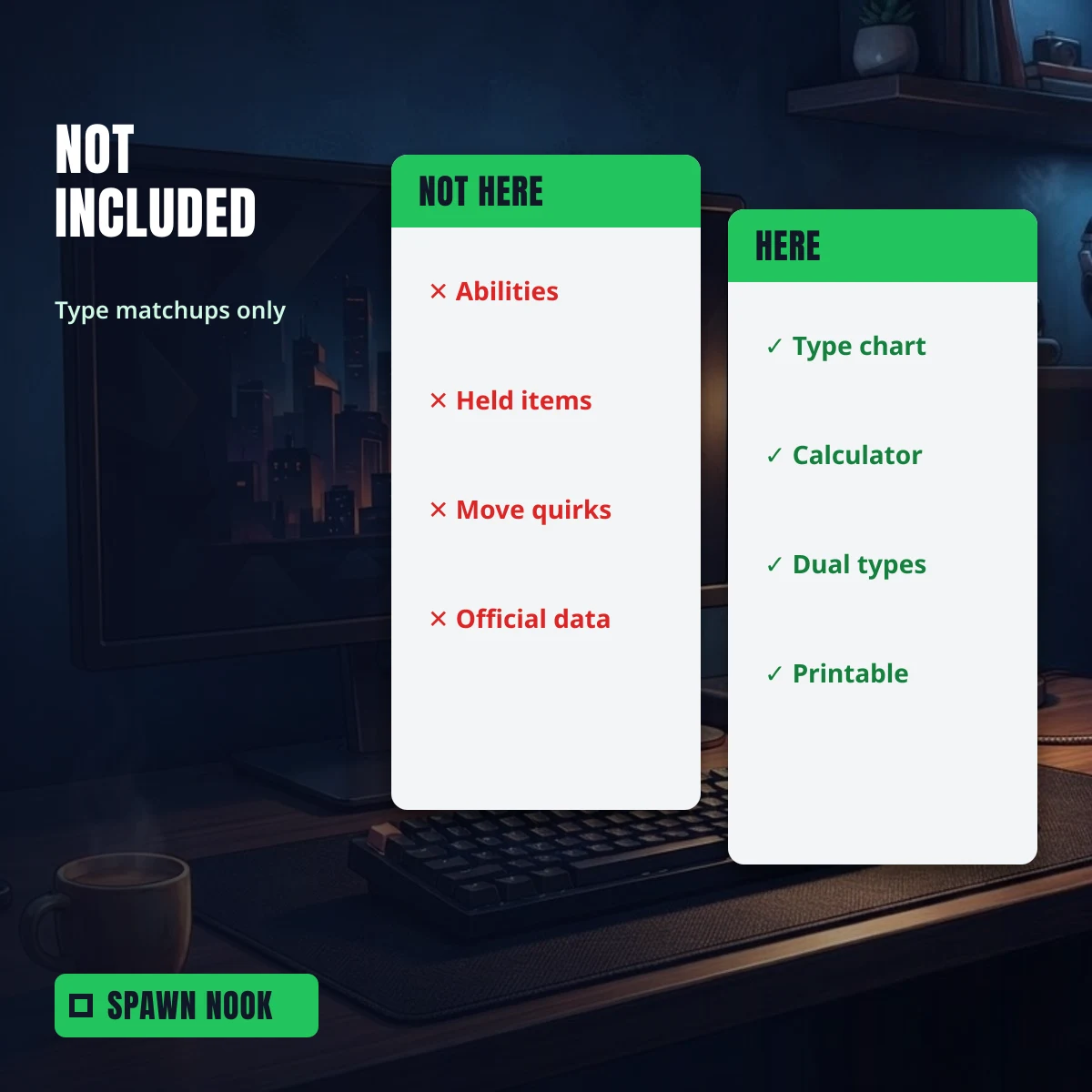 What Spawn Nook does not include, like abilities, held items, move special cases and official data, and what it does include